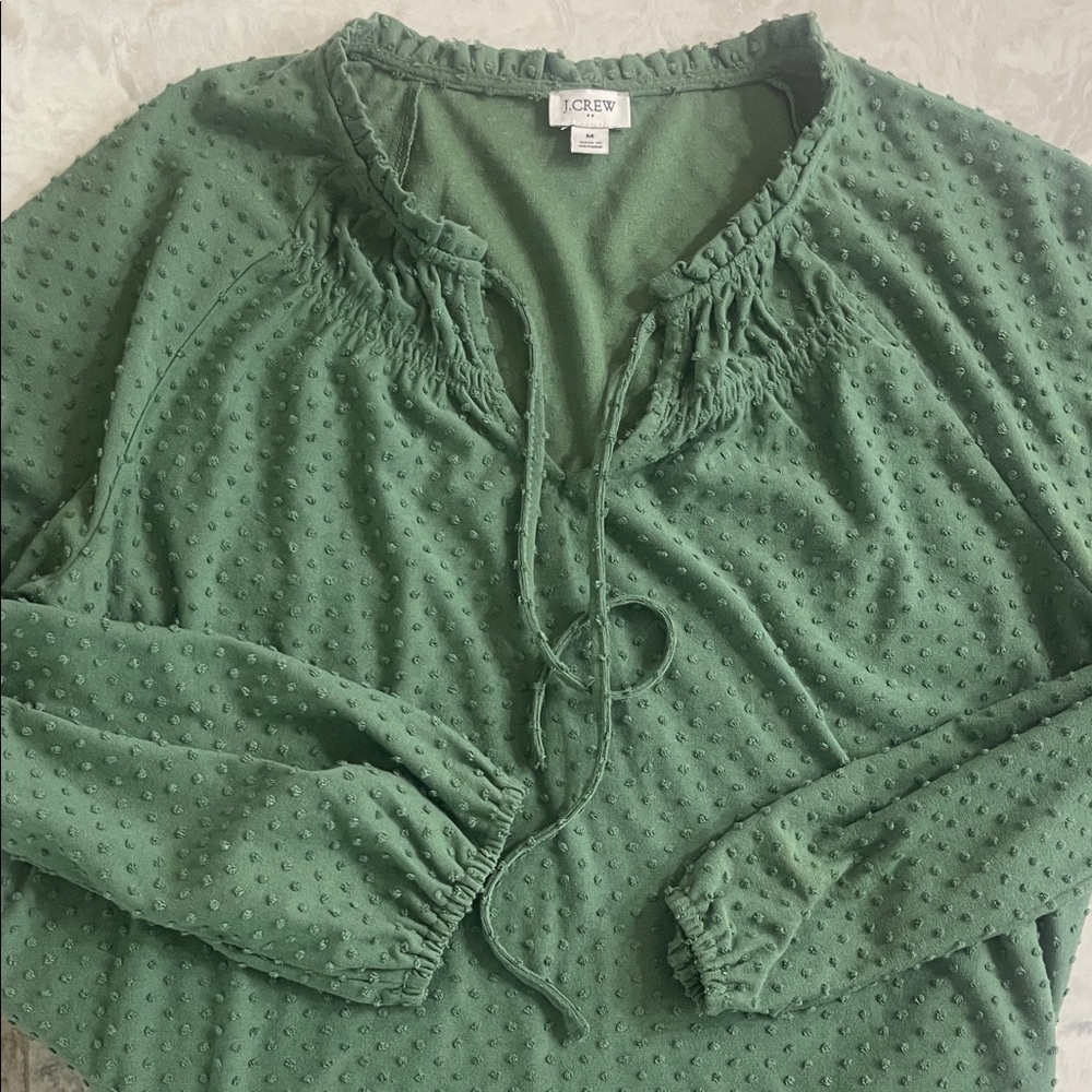 J Crew Clip-dot smocked-neck long sleeve V neck green top blouse size M - Picture 2 of 11